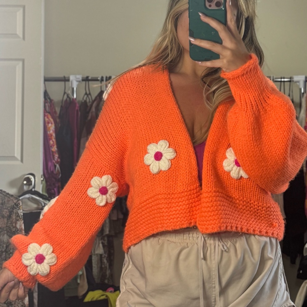 Davi&Dani Bright Orange & White Daisy Cardigan